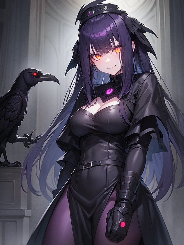 girl, dark, glowing eyes, evil, evil smile, raven nearby