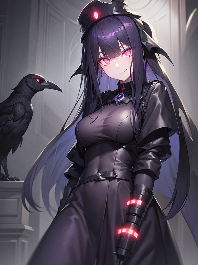 girl, dark, glowing eyes, evil, evil smile, raven nearby