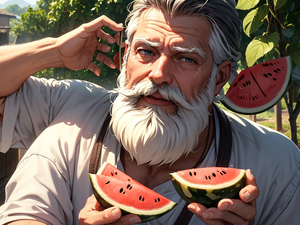 a man with white beard of age 55 is eating water melon in village in 1975