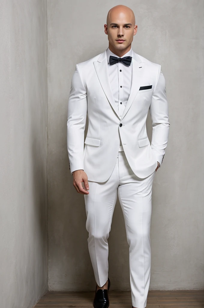 ((best quality)), ((masterpiece)), (detailed), realistic face real bald muscular male full body wear elegant suit by white wall