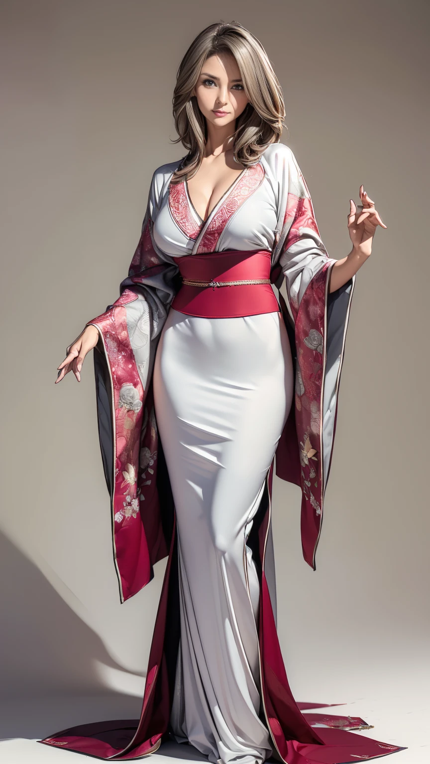 ((masterpiece,best quality,8k,highres)),((character concept art)), 1 female, mature female, Asian, grandmother, milf, sexy, lustful, 50 years old, 160 cm height, (medium length grey hair), grey hair, (fair skin colour), ultra finely detailed eyes (brown eyes colour), extraordinary gorgeous, seductive, flirtatious, calm, friendly, perfect body build ((slim, busty)), ((intricate detail)), super finely detailed hands, ultra finely detailed fingers(((ten fingers))), wearing traditional kimono, sex symbol, ex-courtesan, (standing still), (full body showcase), (show full body), (no logos on background), (no logo), ((plain background)), ((plain background)), (((empty background)))
