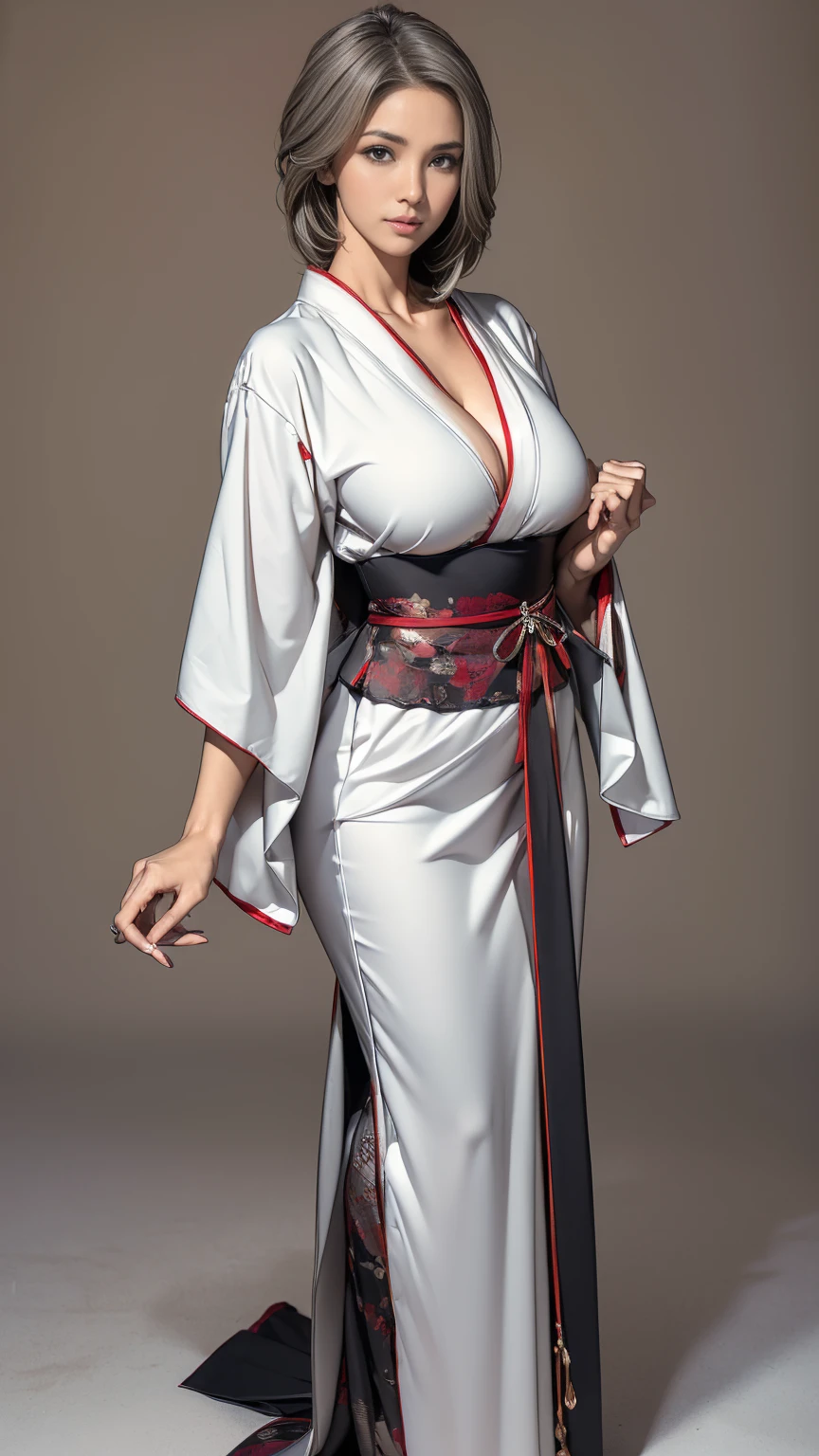 ((masterpiece,best quality,8k,highres)),((character concept art)), 1 female, mature female, Asian, grandmother, milf, sexy, lustful, 50 years old, 160 cm height, (medium length grey hair), grey hair, (fair skin colour), ultra finely detailed eyes (brown eyes colour), extraordinary gorgeous, seductive, flirtatious, calm, friendly, perfect body build ((slim, busty)), ((intricate detail)), super finely detailed hands, ultra finely detailed fingers(((ten fingers))), wearing traditional kimono, sex symbol, ex-courtesan, (standing still), (full body showcase), (show full body), (no logos on background), (no logo), ((plain background)), ((plain background)), (((empty background)))