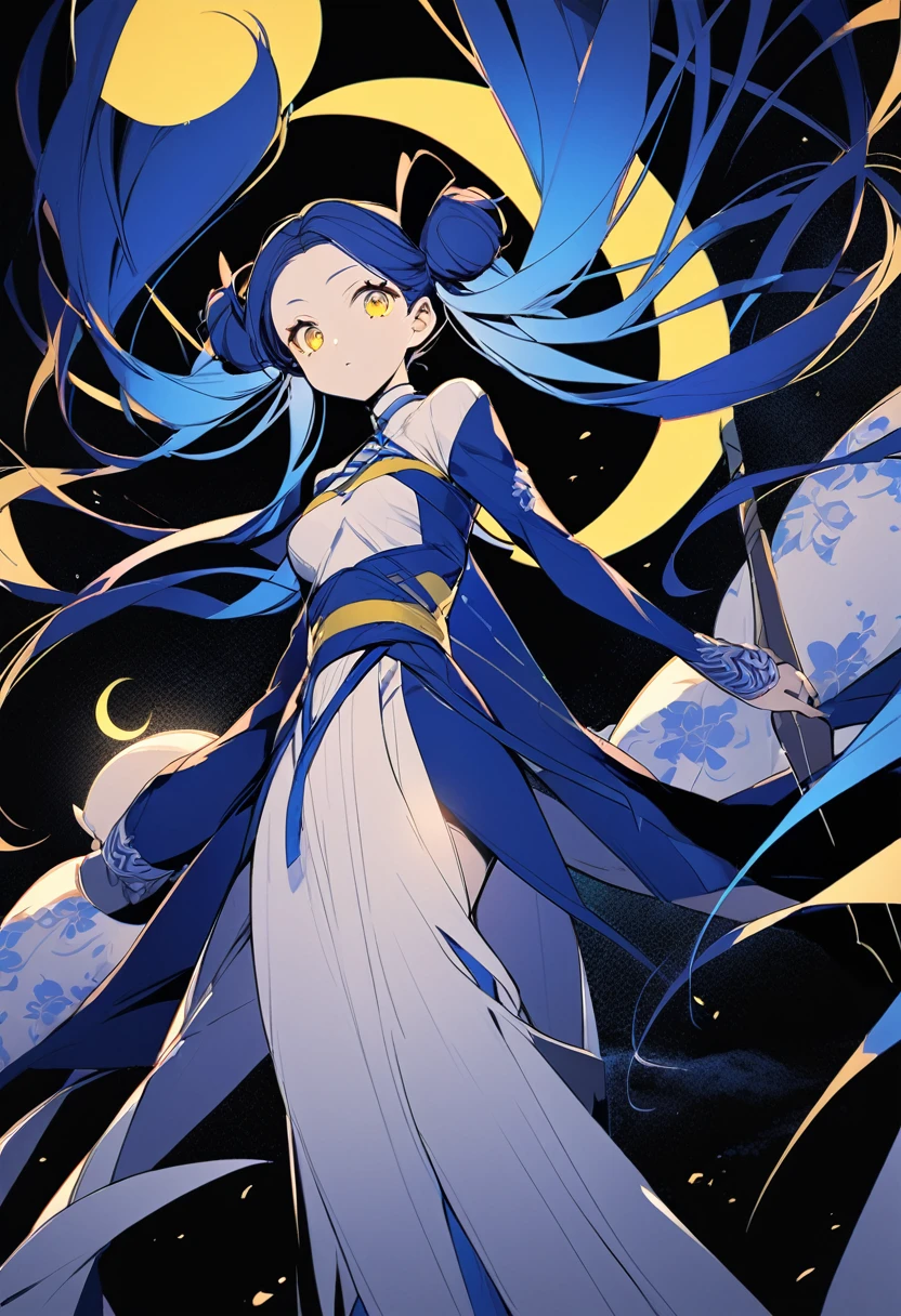 (One very tall woman,Navy Blue Hair,Her hairstyle is twin tails that expose her forehead., yellow eyes,Medium chest,Dynamic Angle)black1Color ,blackの長ズボン,The woman is carrying a spear in one hand.,Crescent Moon Night