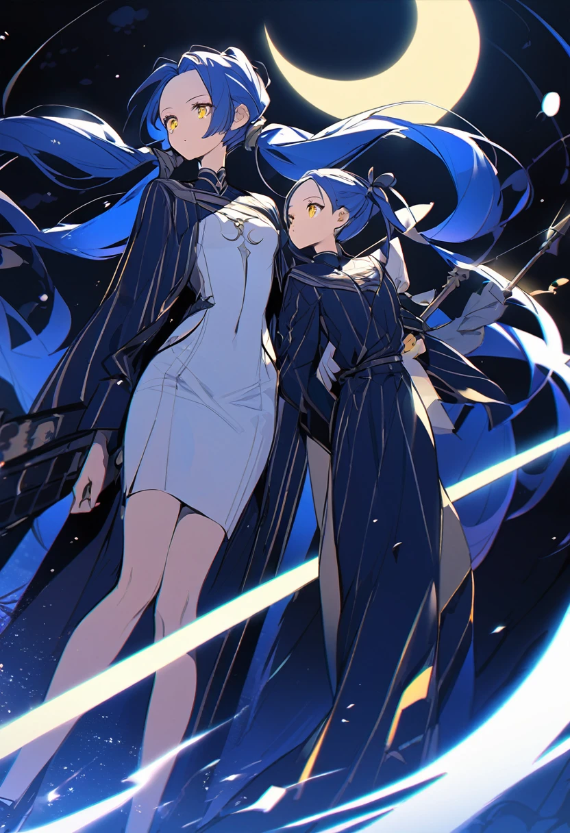 (One very tall woman,Navy Blue Hair,Her hairstyle is twin tails that expose her forehead., yellow eyes,Medium chest,Dynamic Angle)black1Color ,blackの長ズボン,The woman is carrying a spear in one hand.,Crescent Moon Night