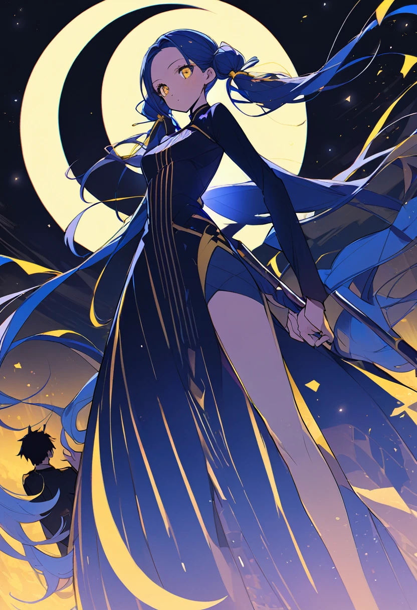 (One very tall woman,Navy Blue Hair,Her hairstyle is twin tails that expose her forehead., yellow eyes,Medium chest,Dynamic Angle)black１Color ,blackの長ズボン,The woman is carrying a spear in one hand.,Crescent Moon Night
