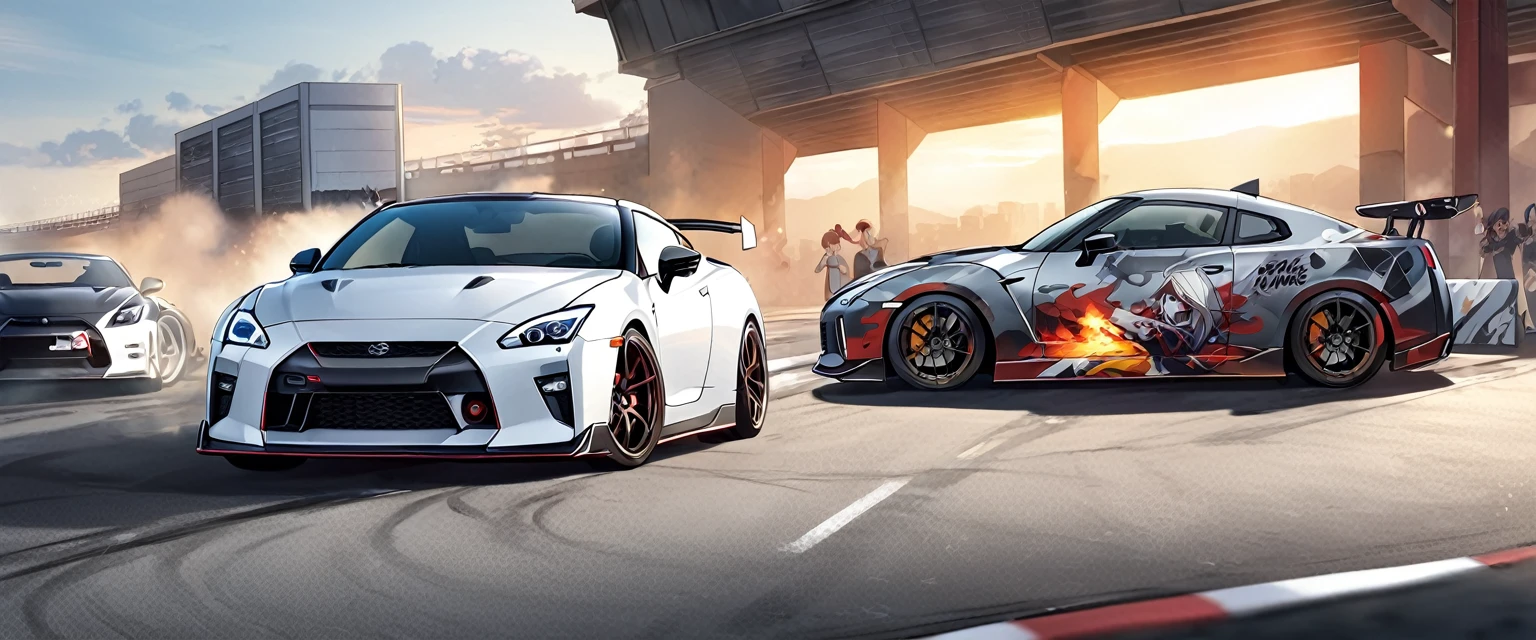 Two sports cars、race、Dead Heat、Toyota 86、nissan GTR、((The hood has an anime girl printed on it))、((Car wrapping))、Itasha、drift、battle、Dead Heat、Winding Road、Speed