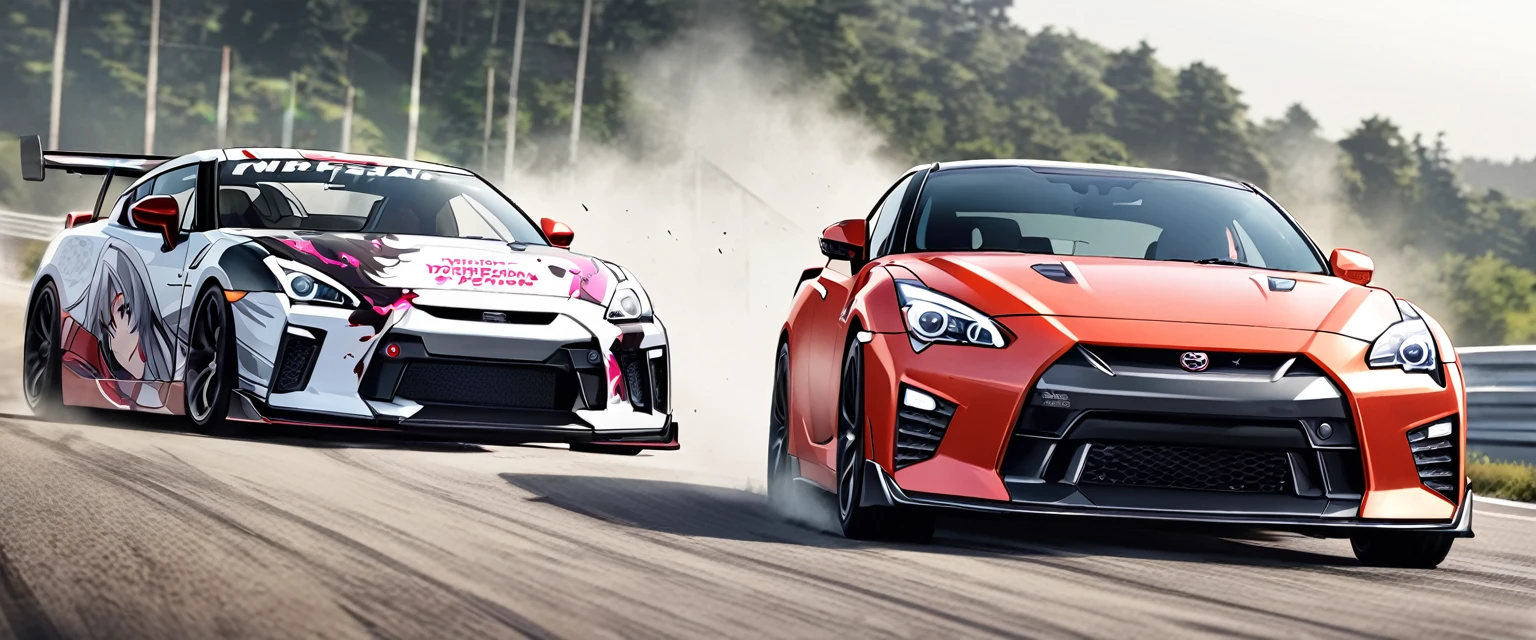 Two sports cars、race、Dead Heat、Toyota 86、nissan GTR、((The hood has an anime girl printed on it))、((Car wrapping))、Itasha、drift、battle、Dead Heat、Winding Road、Speed
