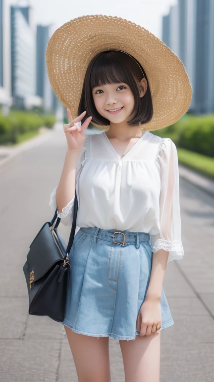 ((SFW: 1.4)), (girl)), Ultra-high resolution, (Realistic: 1.4), RAW Photos, Highest quality, (PhotoRealistic Stick), concentrated, Soft Light, ((15 years old)), ((Japanese)), (( (Young Face))), (surface), (Written boundary depth), masterpiece, (Realistic), woman, bangs, ((1 girl))、(((Model-like style、Thighs、shin、Full body portrait)))、Handbags))、((((Mr.々Fashion、Summer clothes、Mr.々A pose))))、(((Find someone you like and smile)))、(((The background is a museum)))
