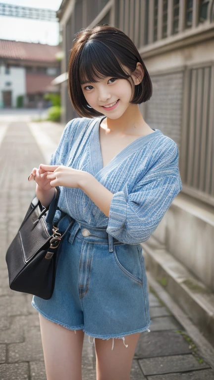 ((SFW: 1.4)), (girl)), Ultra-high resolution, (Realistic: 1.4), RAW Photos, Highest quality, (PhotoRealistic Stick), concentrated, Soft Light, ((15 years old)), ((Japanese)), (( (Young Face))), (surface), (Written boundary depth), masterpiece, (Realistic), woman, bangs, ((1 girl))、(((Model-like style、Thighs、shin、Full body portrait)))、Handbags))、((((Mr.々Fashion、Summer clothes、Mr.々A pose))))、(((Find someone you like and smile)))、(((The background is a museum)))