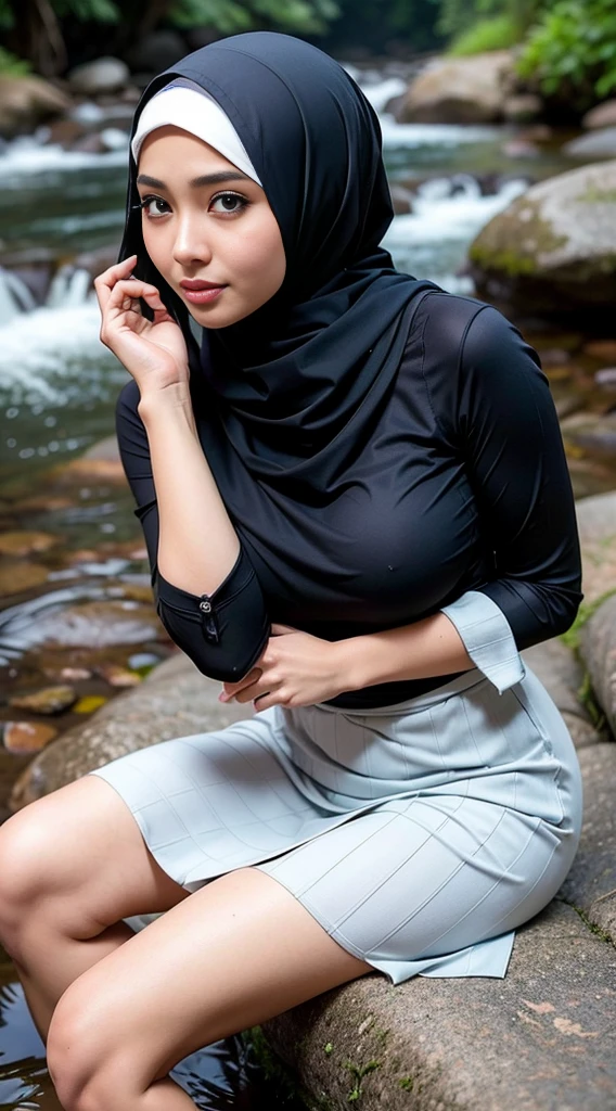 1 Malay girl, modern plain hijab, shy, medium portrait, watery eyes, RAW, Best quality, high resolution, masterpiece: 1.3), beautiful Malay woman in hijab (iu:0.8),big breast, perfect nose,perfect lips, perfect eyes, detail :1.2), soft smile, woman sitting on rocky river bank with black and white striped top, thin waist and thick hips, beautiful malay woman, casual pose, beautiful face with arms and legs, wearing elegant casual clothes, attractive clothes, wearing beautiful baju kurung clothes, cute beauty ,