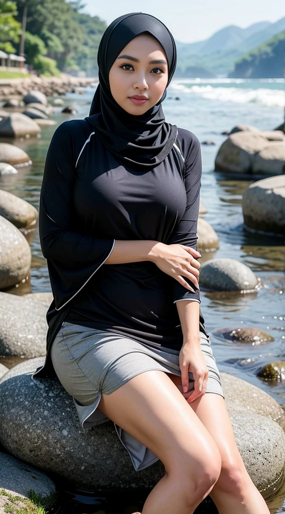 1 Malay girl, modern plain hijab, shy, medium portrait, watery eyes, RAW, Best quality, high resolution, masterpiece: 1.3), beautiful Malay woman in hijab (iu:0.8),big breast, perfect nose,perfect lips, perfect eyes, detail :1.2), soft smile, woman sitting on rocky river bank with black and white striped top, thin waist and thick hips, beautiful malay woman, casual pose, beautiful face with arms and legs, wearing elegant casual clothes, attractive clothes, wearing beautiful baju kurung clothes, cute beauty ,