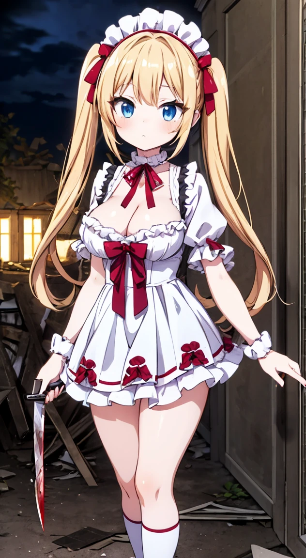 masterpiece, highest quality, (anime screencap:1.3),(shape), cute,(simple:1), (anime:1.2),Solo Sharp Focus, 1 girl, cleavage,looking at the viewer, Japan,nighttime,gold hair,((mini skirt)),Are standing, twin tails,summer ,((White Gothic Costume)),red ribbon,in the dark gothic,abandoned house,ta fashion,gothic bonnet,hair ribbon,cowboy shot,in the nighttime,rainy sky,,(Ruins house1.1),(Abandoned house1.1),large breasts,dark,cloudy,cutthroat,(Holding a bloody knife1.1),(bathe in blood gothic costume1.1),NSFW,