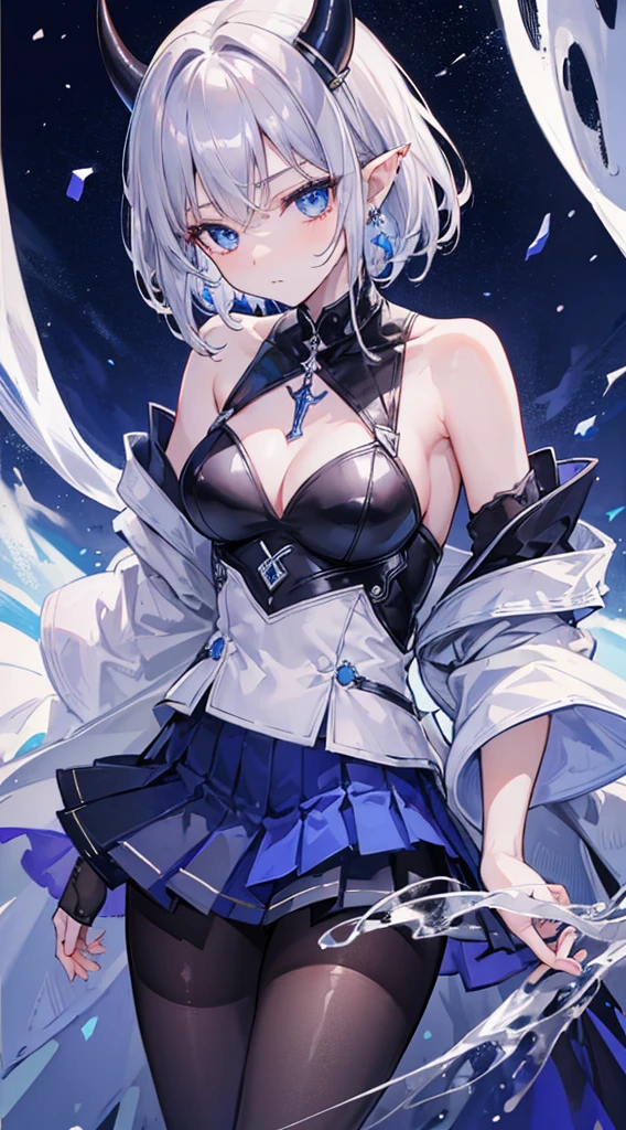 (8K、Best image quality、top quality、masterpiece)、1 woman、dark silver hair、short hair devil horns、blue eyes、pointy ears、pierced chest、leotard、Mini pleated skirt、cowboy shot、night、Night Scene Background、taken from above