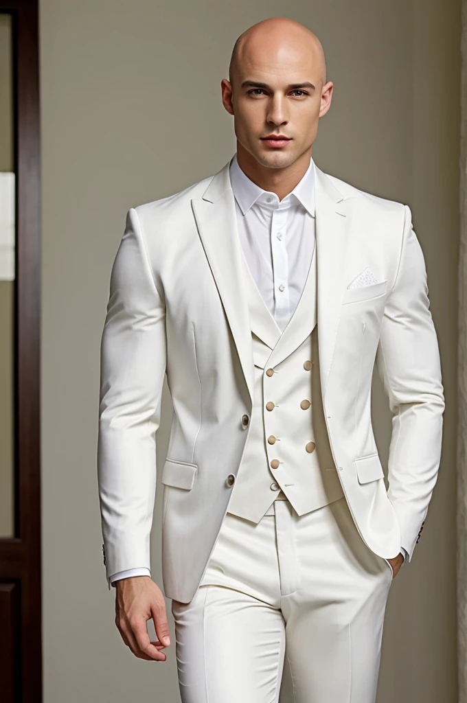 ((best quality)), ((masterpiece)), (detailed), realistic face real bald muscular male upper body wear elegant suit by white wall