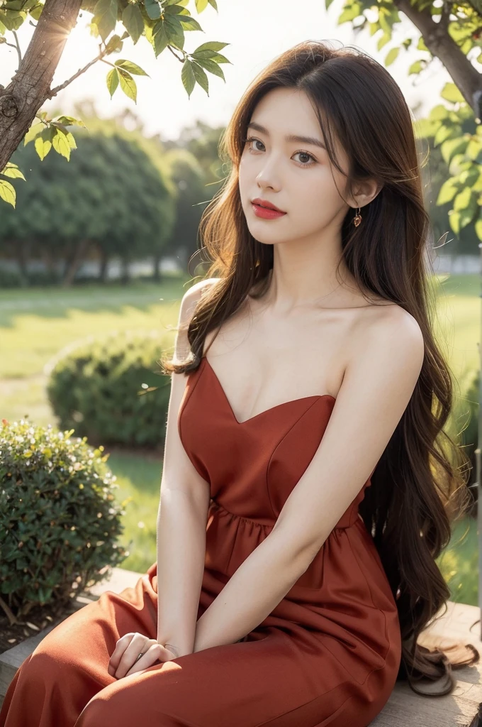 (((best quality))),(((ultra detailed))),(((masterpiece))),illustration,1 beautiful girl,solo,medium straight hair,slim,flat chest,red dress,summer,cherry orchard full of cherries,sunlight,dappled light,fair skin,smile,ripest cherries,red lips,chirping birds,soft rustle,peaceful,summer breeze,blush face,hair fluttering,sweet nectar,joy,setting sun,golden glow,radiant hue,turns,beauty grace,sweetness