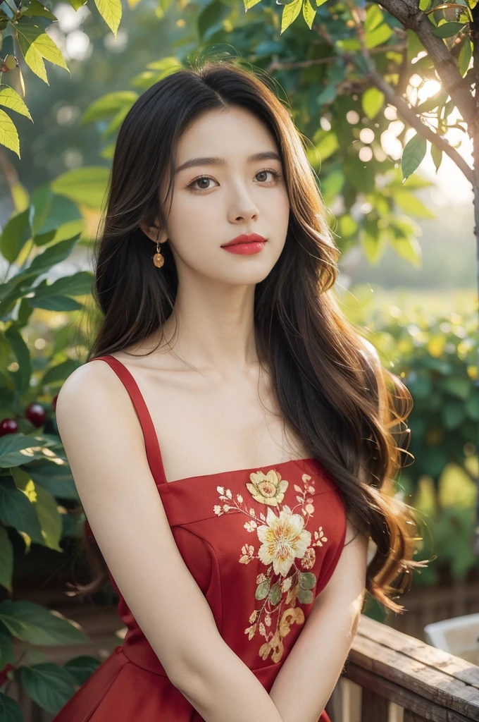 (((best quality))),(((ultra detailed))),(((masterpiece))),illustration,1 beautiful girl,solo,medium straight hair,slim,flat chest,red dress,summer,cherry orchard full of cherries,sunlight,dappled light,fair skin,smile,ripest cherries,red lips,chirping birds,soft rustle,peaceful,summer breeze,blush face,hair fluttering,sweet nectar,joy,setting sun,golden glow,radiant hue,turns,beauty grace,sweetness