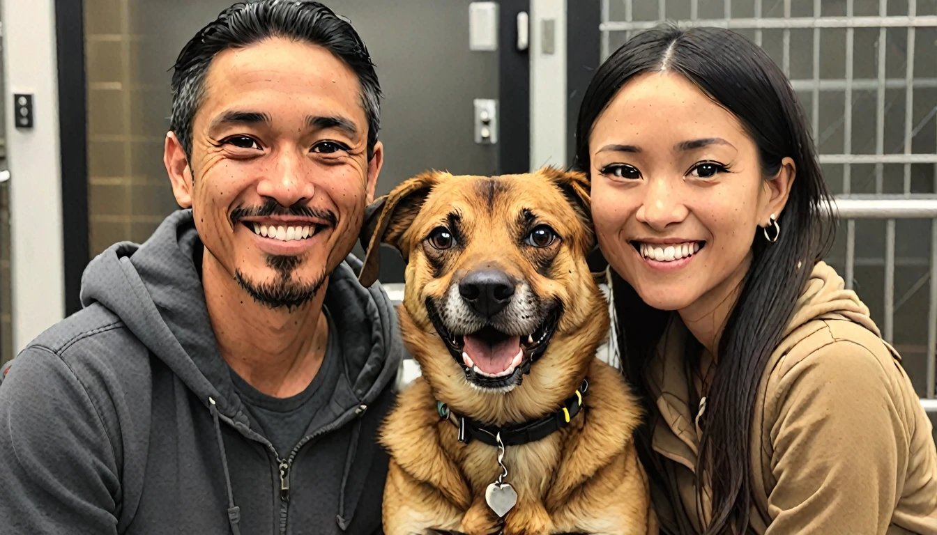 The author and his wife, Mocha, a mixed-breed dog they met at a shelter。
Moka looked a little nervous.、The couple is smiling fondly