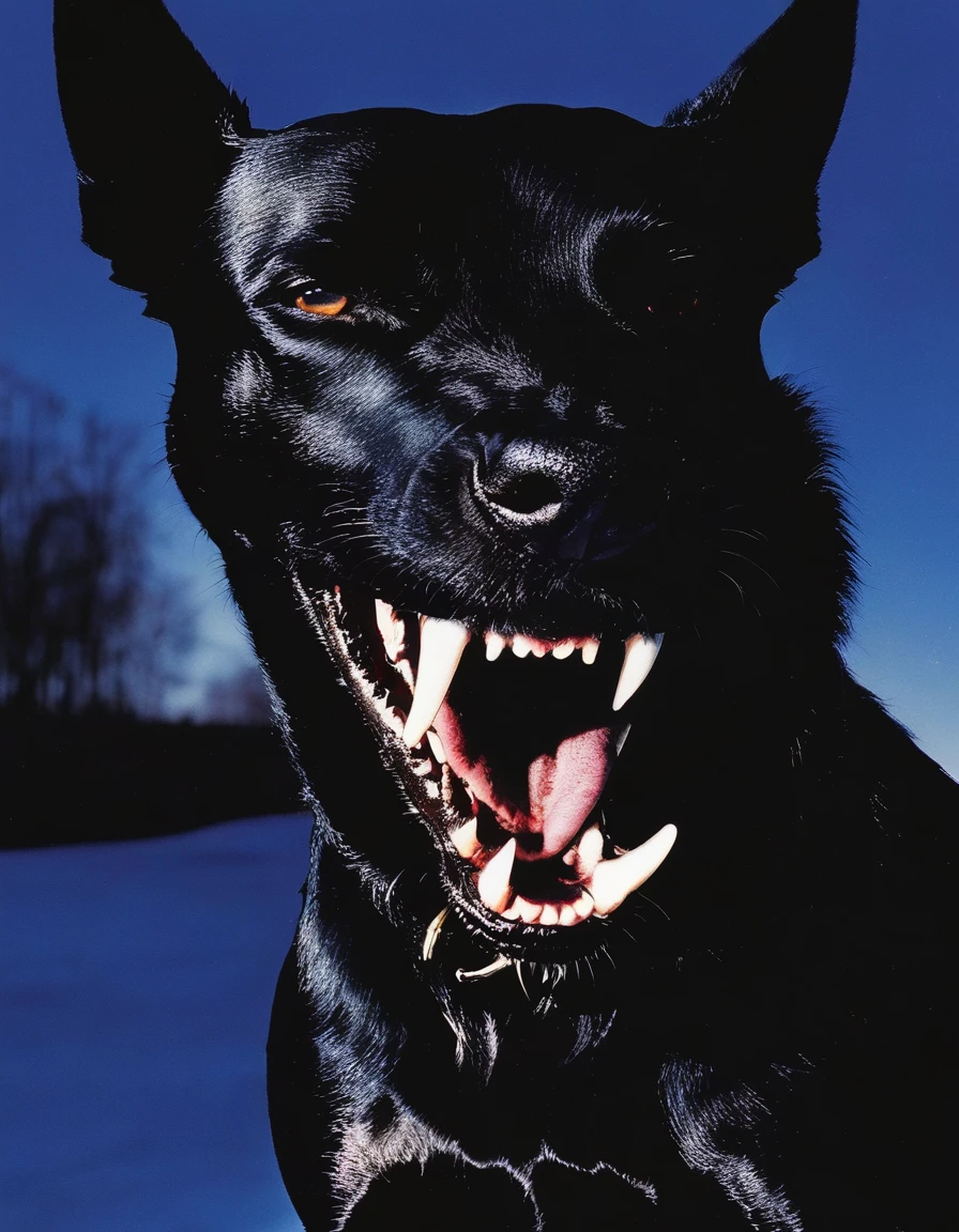 black dog with giant fangs all over head, sunshine background