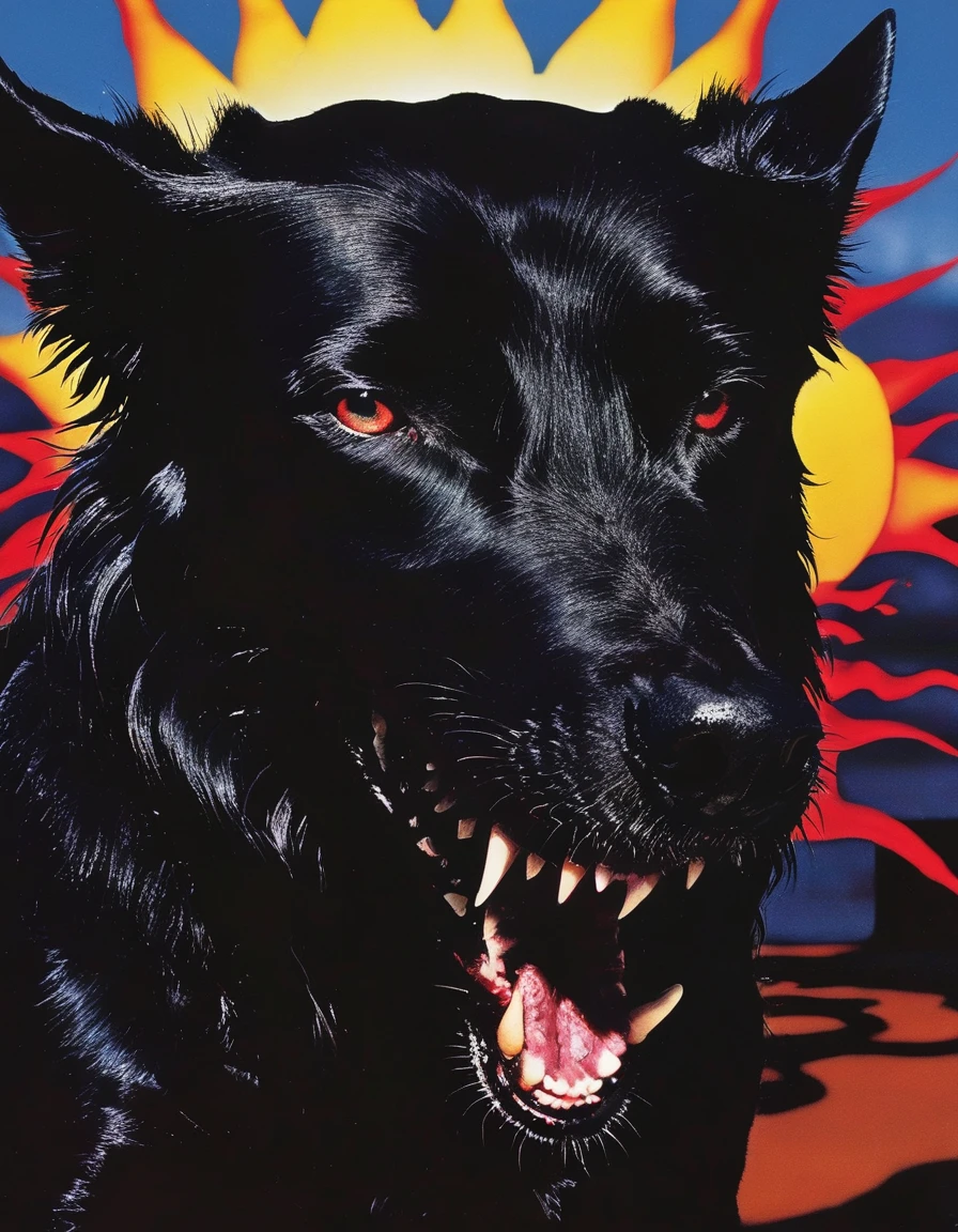 black dog with giant fangs all over head, sunshine background