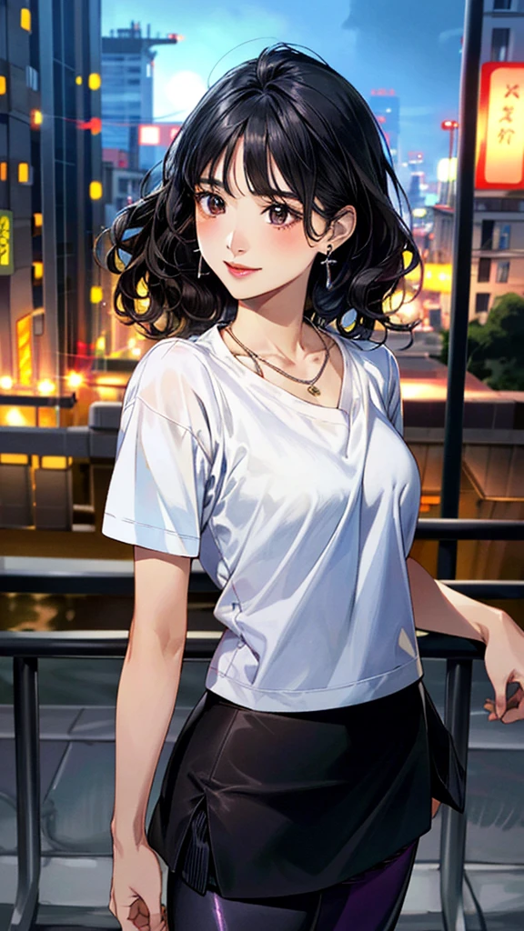 (masterpiece:1.3, Highest quality, Ultra-high resolution, Super detailed), (Realistic, photoRealistic:1.4), Beautiful illustrations, Perfect lighting, colorful, Depth of written boundary, 
Beautiful detailed hair, Beautifully detailed face, Beautiful fine details, Beautiful clavicle, Beautiful body, 美しいLarge Breasts, Beautiful thighs, Beautiful feet, Beautiful fingers, 
View Viewer、Front view:0.6, Beauty1人, Japanese, Beauty、30 years old, Perfect Face, (Perfect ???????, Anatomically correct), Cute and symmetrical face, Baby Face, , Shiny skin, 
shirt、((shirt:1.4)), ((Skirt Leggings:1.5))、
(Black Hair, Short Wavy Hair:1.4),  Dark brown eyes, Large Breasts, Slim body, 
necklace, (Small earrings:1.3), 
(Beautiful views), (night), (city, cityscape in the distance), Are standing, A soft smile、(Smile, Lips parted), 