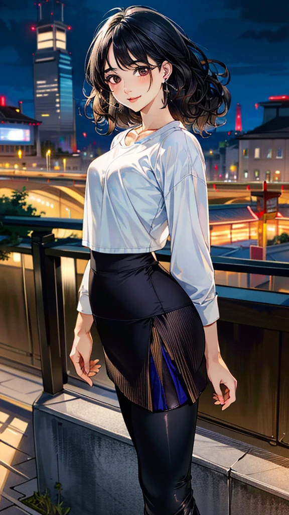 (masterpiece:1.3, Highest quality, Ultra-high resolution, Super detailed), (Realistic, photoRealistic:1.4), Beautiful illustrations, Perfect lighting, colorful, Depth of written boundary, 
Beautiful detailed hair, Beautifully detailed face, Beautiful fine details, Beautiful clavicle, Beautiful body, 美しいLarge Breasts, Beautiful thighs, Beautiful feet, Beautiful fingers, 
View Viewer、Front view:0.6, Beauty1人, Japanese, Beauty、30 years old, Perfect Face, (Perfect Anatomy, Anatomically correct), Cute and symmetrical face, , , Shiny skin, 
shirt、((shirt:1.4)), ((Skirt Leggings:1.5))、
(Black Hair, Short Wavy Hair:1.4),  Dark brown eyes, Large Breasts, Slim body, 
necklace, (Small earrings:1.3), 
(Beautiful views), (night), (city, cityscape in the distance), Are standing, A soft smile、(Smile, Lips parted), 