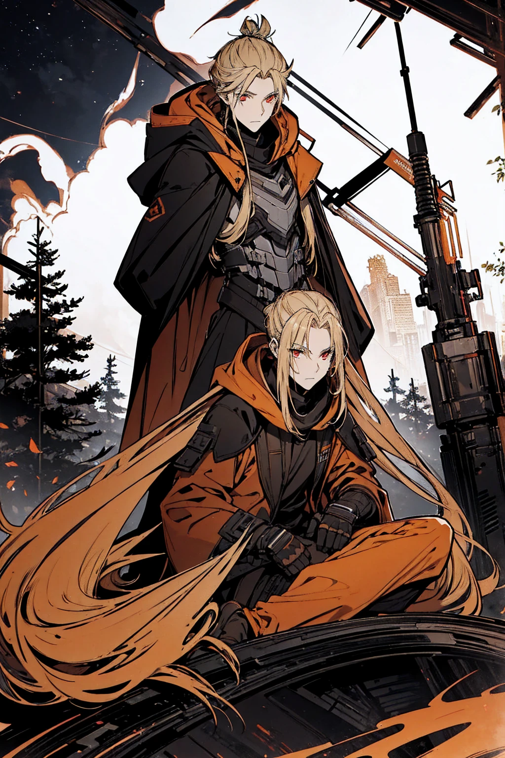 Tall, tannish, male, equipped with battle suit, covered by dark orange cloak, blonde hair in manbun, red eyes, handsome, sitting down calmly in night, hood covering face, alone.