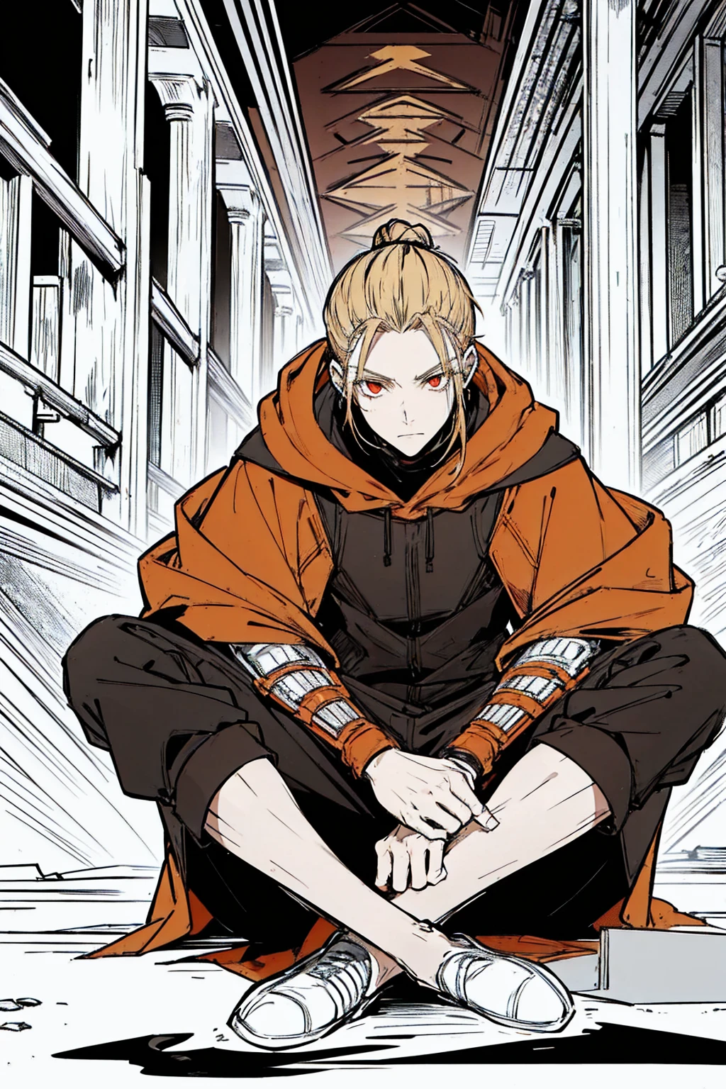Tall, tannish, male, equipped with battle suit, covered by dark orange cloak, blonde hair in manbun, red eyes, handsome, sitting down calmly in night, hood covering face, alone.