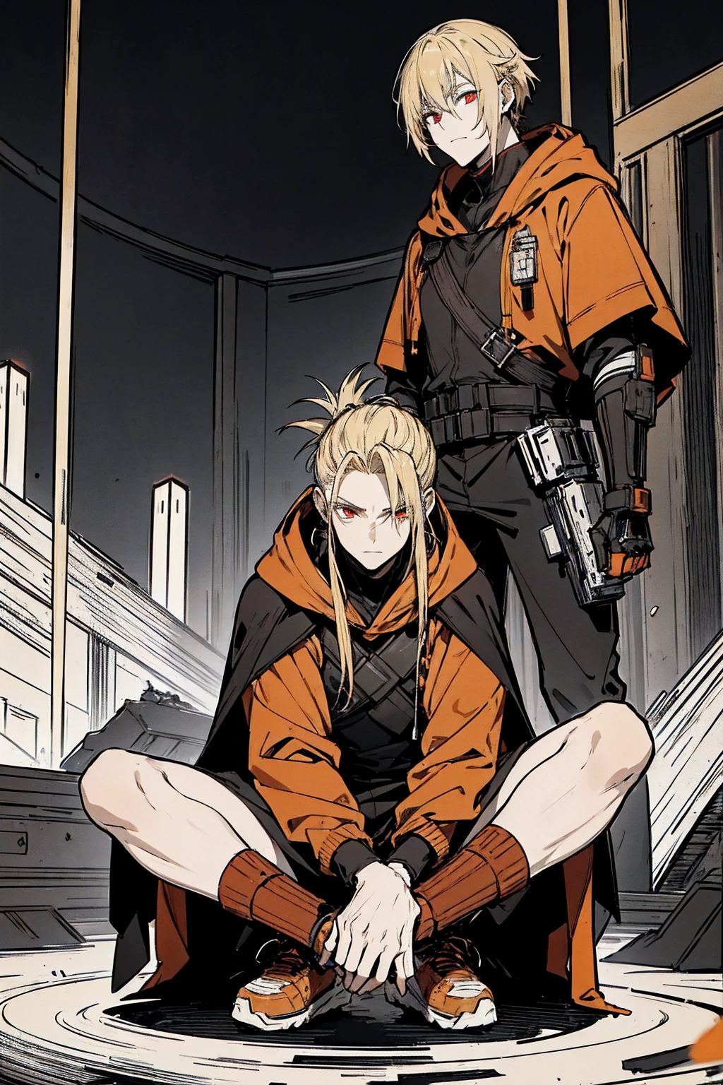 Tall, tannish, male, equipped with battle suit, covered by dark orange cloak, blonde hair in manbun, red eyes, handsome, sitting down calmly in night, hood covering face, alone.