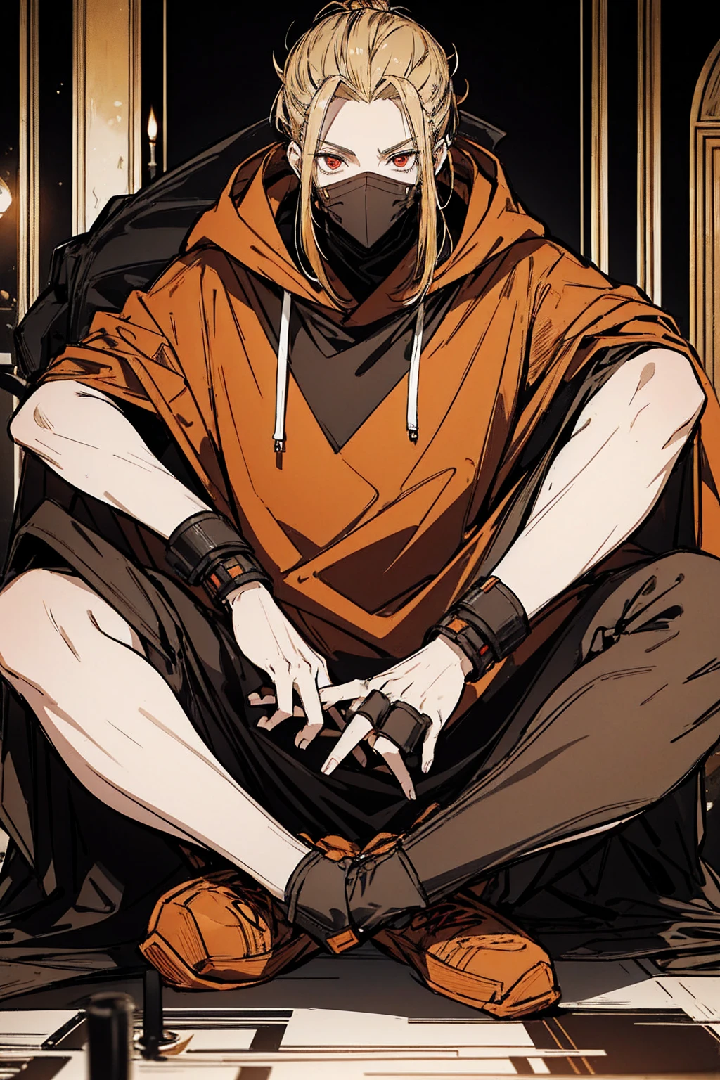 Tall, tannish, male, equipped with battle suit, covered by dark orange cloak, blonde hair in manbun, red eyes, handsome, sitting down calmly in night, hood covering face, alone.