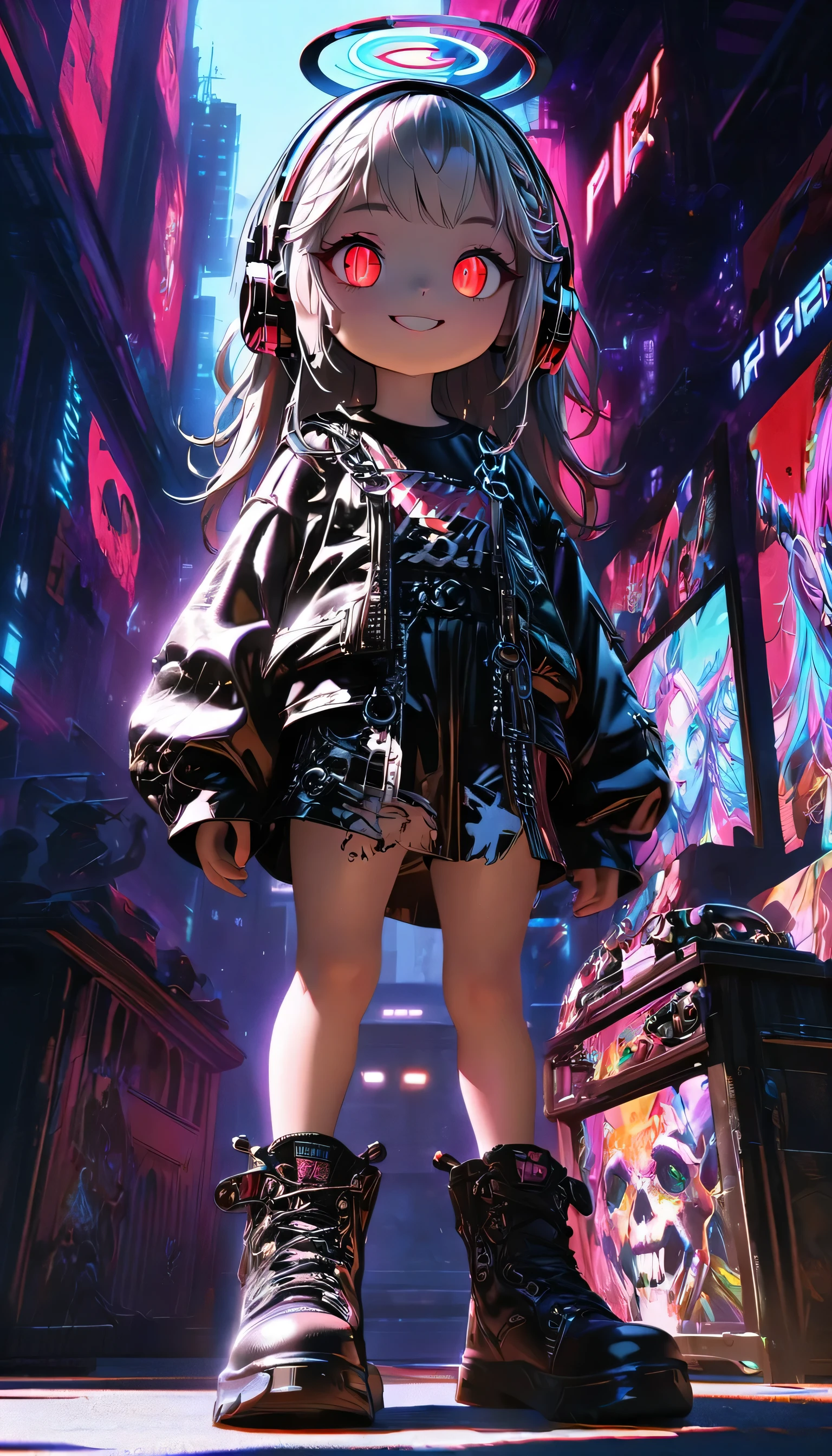 1 girl, Chromatic Aberration, Depth of Field, soft light, masterpiece, Top quality, complicated, Tone Mapping, Very detailed, Art Station, concept art, Smooth, Clear focus, Dramatic Lighting, Very detailed artwork, Movie, super Practical painting, Art Station's trending, 8K, incredible shadow, Practical, (Very detailed background:1.0), whole body, View, Viewers, Very detailed portrait of one girl 1, Standing on the street corner, Heavy rain and thunder、Gloomy sky, neon and cyber punk background, she is dressed in punk clothing with silver chains and silver spikes, Her hair was dyed a delicate black，The middle part is black, She is wearing headphones, Detailed red eyes and clear pupils, The sinister aura of the halo, Smile, punk, ciber punk, Backlight.