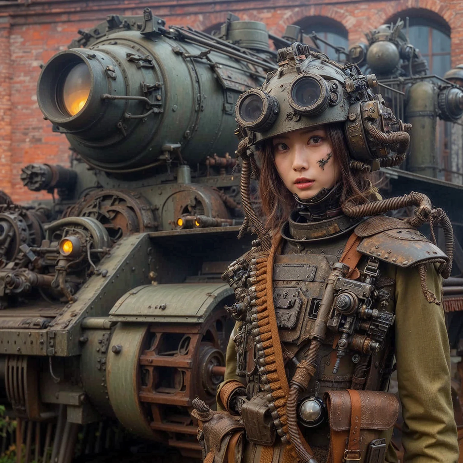 Dystopian night scene, hydraulic cylinders, very intricate details, Japanese woman in skeleton-like armor, beautiful face, legs, poses in motion, super realism, realistic photography, taken with Fuji film X-T30+Nokton. HDR10