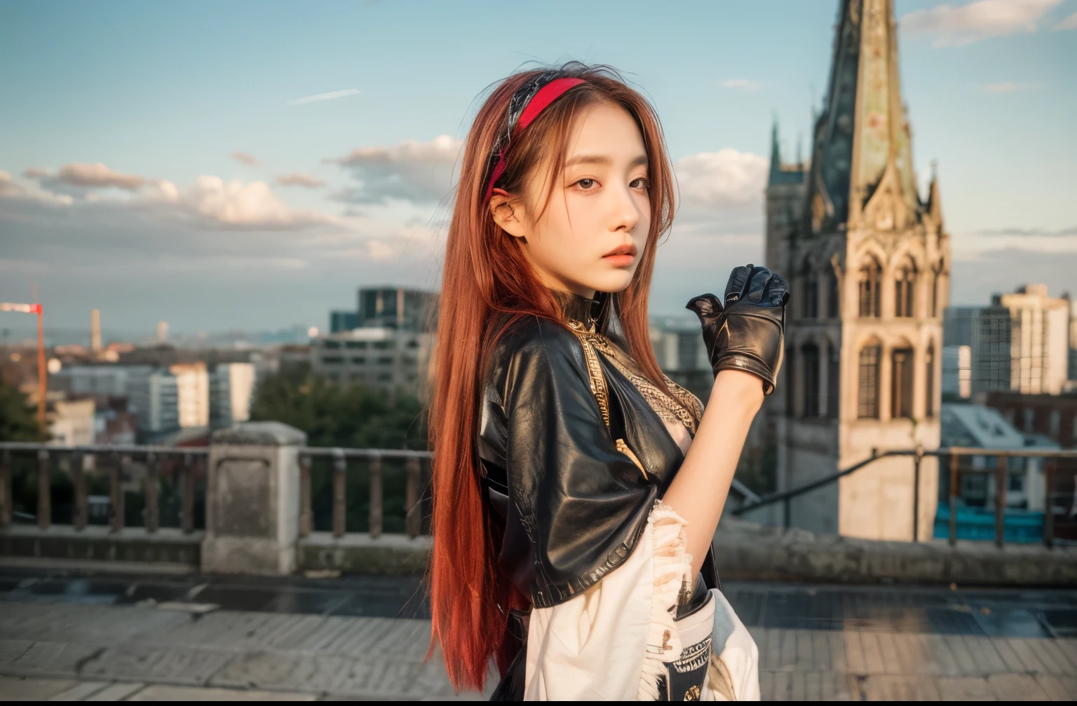 She stood on the street, her black and white outfit contrasting with the gold accents on her gloves, headband, and shoes. Her long red hair flowed behind her, catching the light of the setting sun. She looked away from the camera, as if she was waiting for someone or something to appear. Behind her, the city rose in a gothic style, with spires, arches, and gargoyles. The city was a mixture of old and new, with ancient buildings and modern skyscrapers. She wondered what secrets the city held, and what adventures awaited her.