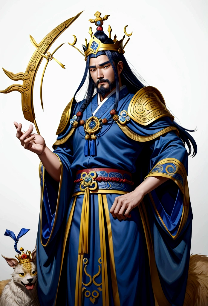 Araped man wearing blue robe and crown in field, Inspired by Hua Hua Bin, judge(Fan Kuan)Works inspired by, Guan Yu, 조즈바이Works inspired by, 리칸inspired by, 동위안inspired by, Zhaoyun, Inspired by Guo Xi, yellow heart(Huang Shen)inspired by, Inspired by Emperor Xuande, feng shui