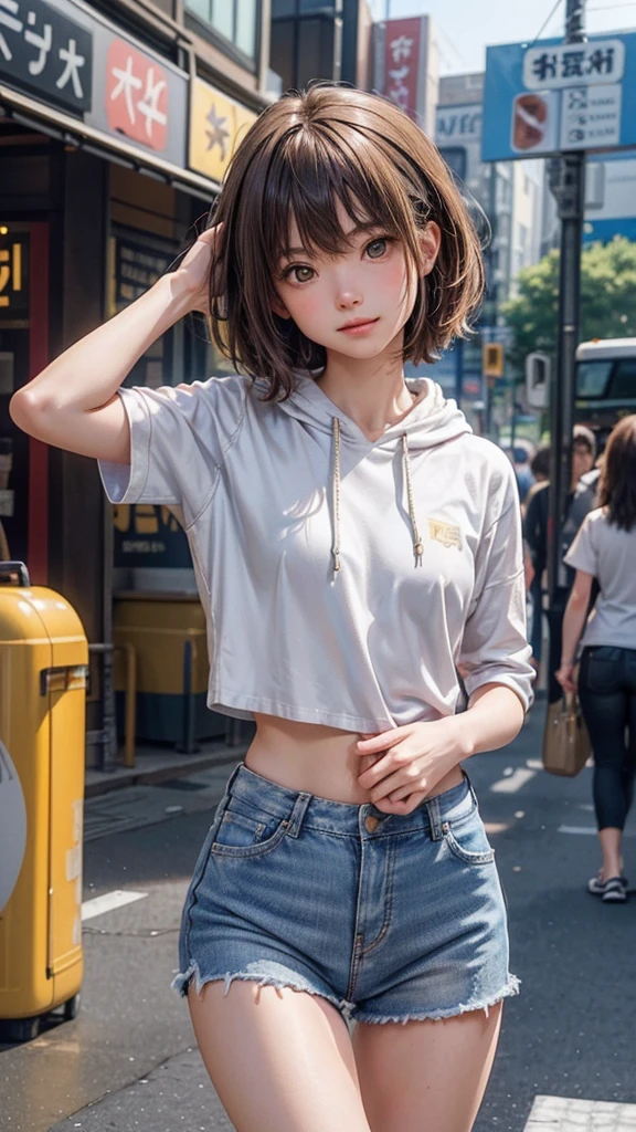 1 female,perfect 20 year old,Gal,smile:1.3,(Brown eyes),((Ideal body proportions:1.3,Small Head:1.7)),Sunburn,(((High quality anime, 8k,masterpiece,Perfect Anatomy))),Cowboy Shot,(Beautiful and exquisite face and eyes,gorgeous eyes:1.3), break ,Brown eyes, break ,Blonde:1.3,,Short Bob Hair,bangs, break ,smile,blush,Small breasts,Slender body,Toned body,skinny,Yellow hoodie、denim micro shorts, break ,Are standing,on the road,Shibuya Station、Tokyo、((Background blur)),
