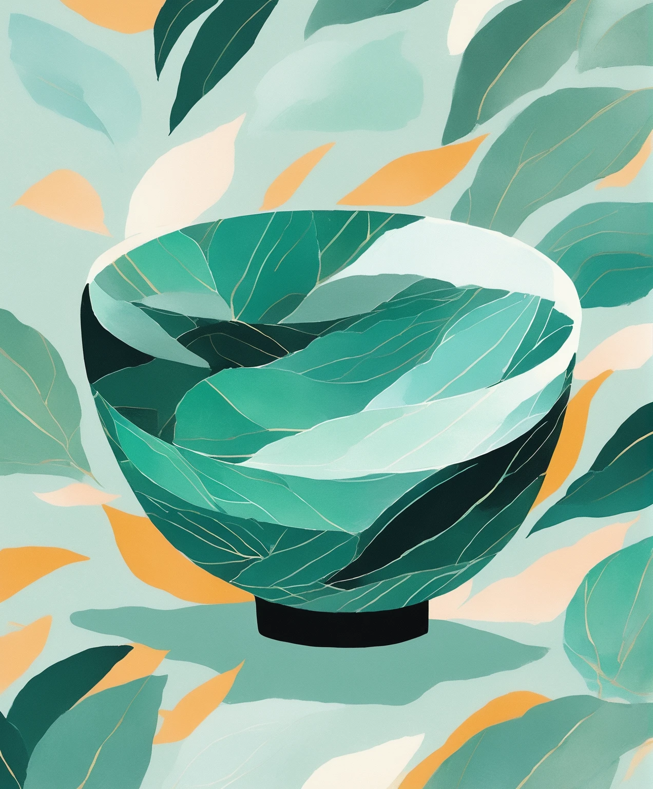 close up of a bowl,minimalist illustration,blue-green bowl with tea leaf pattern,clear bowl edges,solid color background,paper texture background,bowl with oil painting brushstrokes,strong texture,illustration style,abstract painting,elegant colors,clear lines,poster,chinese style,painting,drawing,pop surrealism