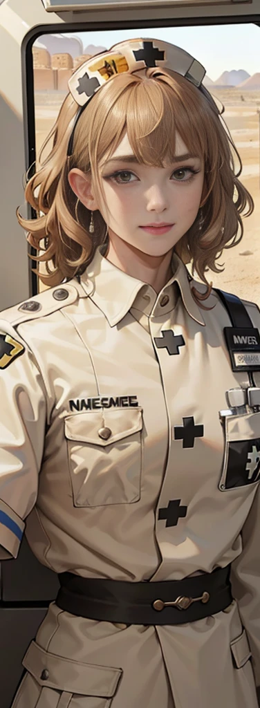 (masuter piece, best quality, very detailed), (fine face), 1 women, nurse、standing、from the waist up、golden hair、curly hair、bangs、lots of bangs、brown Eyes、Slight smile、nurse uniform , (in desert:1.5) , (ambulance:1.5)