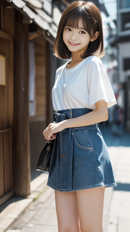 ((SFW: 1.4)), (girl)), Ultra-high resolution, (Realistic: 1.4), RAW Photos, Highest quality, (PhotoRealistic Stick), concentrated, Soft Light, (()), ((Japanese)), (( (Young Face))), (surface), (Written boundary depth), masterpiece, (Realistic), woman, bangs, ((1 girl))、(((Model-like style、Thighs、shin、Full body portrait)))、Handbagr.々Fashion、Summer clother.々A pose))))、(((Find someone you like and smile)))、(((The background is a museum)))