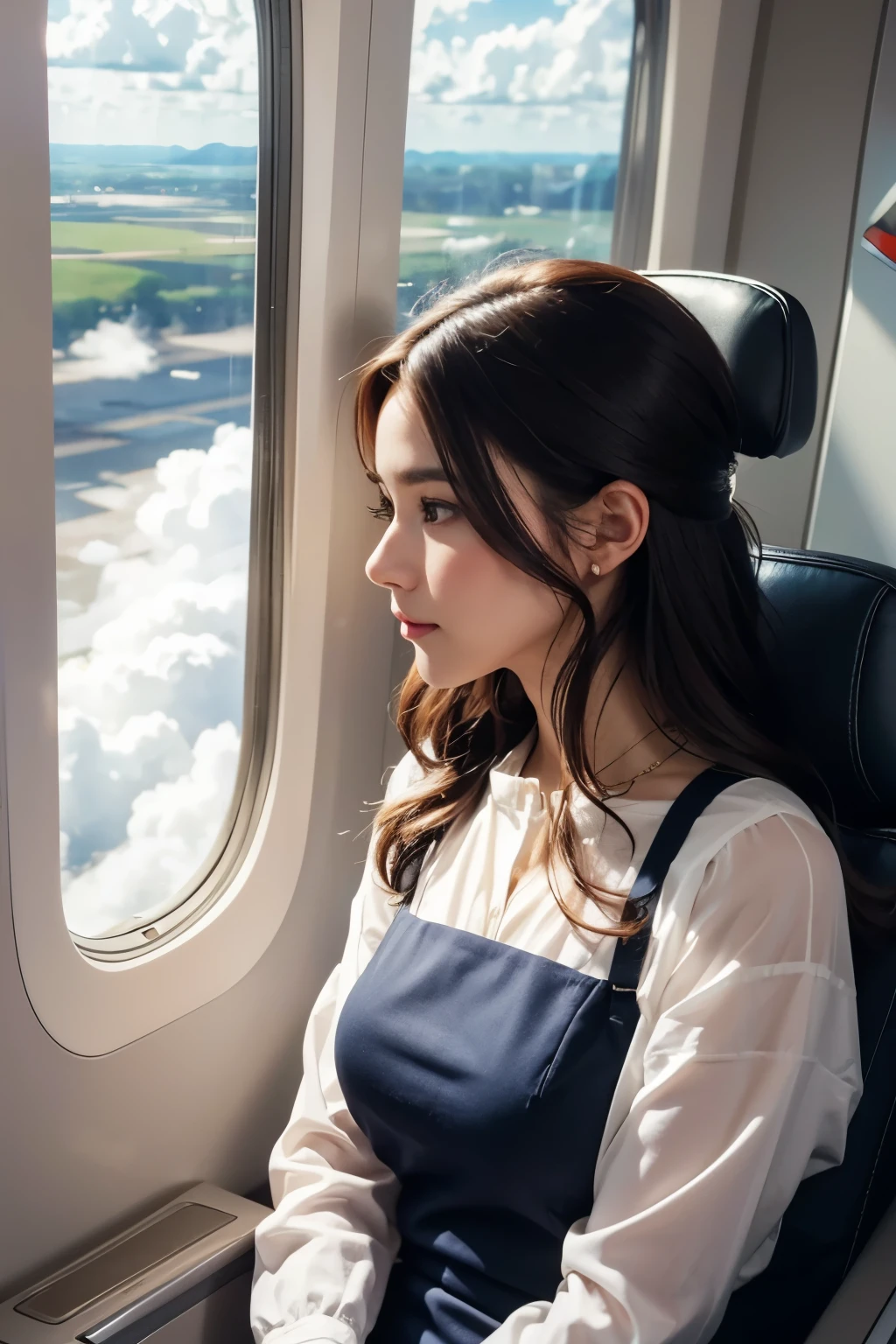 Beautiful woman looking out the window on an airplane, Fashionable outfits, Clouds outside the window,