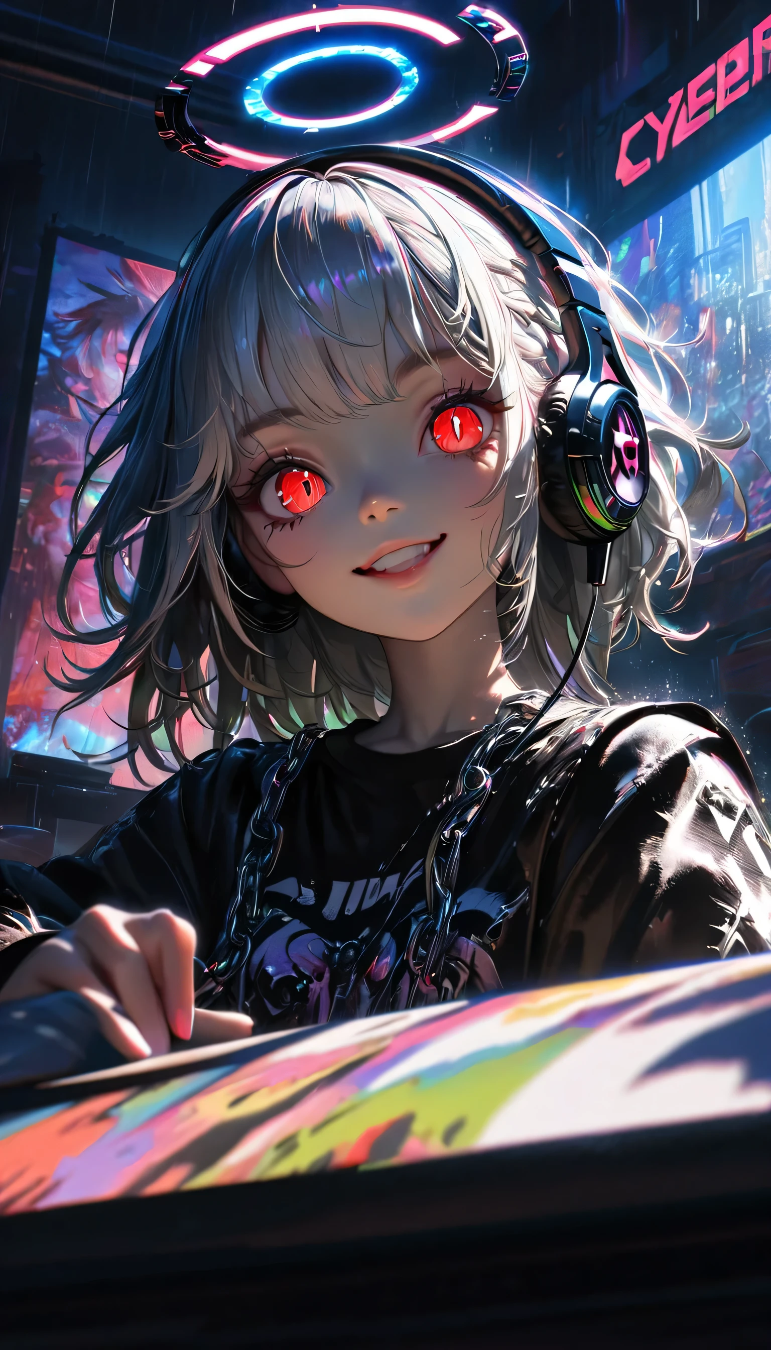 1 girl, Chromatic Aberration, Depth of Field, soft light, masterpiece, Top quality, complicated, Tone Mapping, Very detailed, Art Station, concept art, Smooth, Clear focus, Dramatic Lighting, Very detailed artwork, Movie, super Practical painting, Art Station's trending, 8K, incredible shadow, Practical, (Very detailed background:1.0), whole body, View, Viewers, Very detailed portrait of one girl 1, Standing on the street corner, Heavy rain and thunder、Gloomy sky, neon and cyber punk background, she is dressed in punk clothing with silver chains and silver spikes, Her hair was dyed a delicate black,The middle part is black, She is wearing headphones, Detailed red eyes and clear pupils, The sinister aura of the halo, Smile, punk, ciber punk, Backlight.