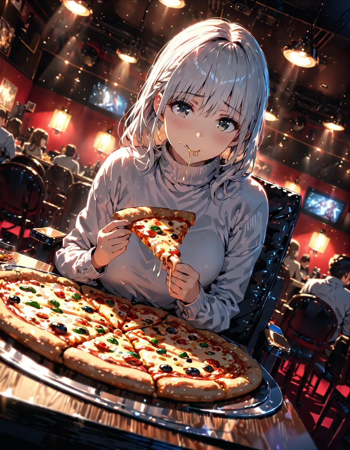 anime,One girl,Long white hair,Grey Eyes, White shirt, Long sleeve, turtleneck, Sitting, View your viewers,( eating holding pizza :1.5), pizza, dish, fork, knife, table, Chair, table, restaurant, Movie angle, Cinema Lighting, masterpiece, Highest quality(Depth of field hdr 8k 4k wallpaper Movie angle, Cinema Lighting,:1.5) (masterpiece, Highest quality:2.0), (Depth of field hdr 8k 4k wallpaper Movie angle, Cinema Lighting,:1.5) (masterpiece, Highest quality:1.75)