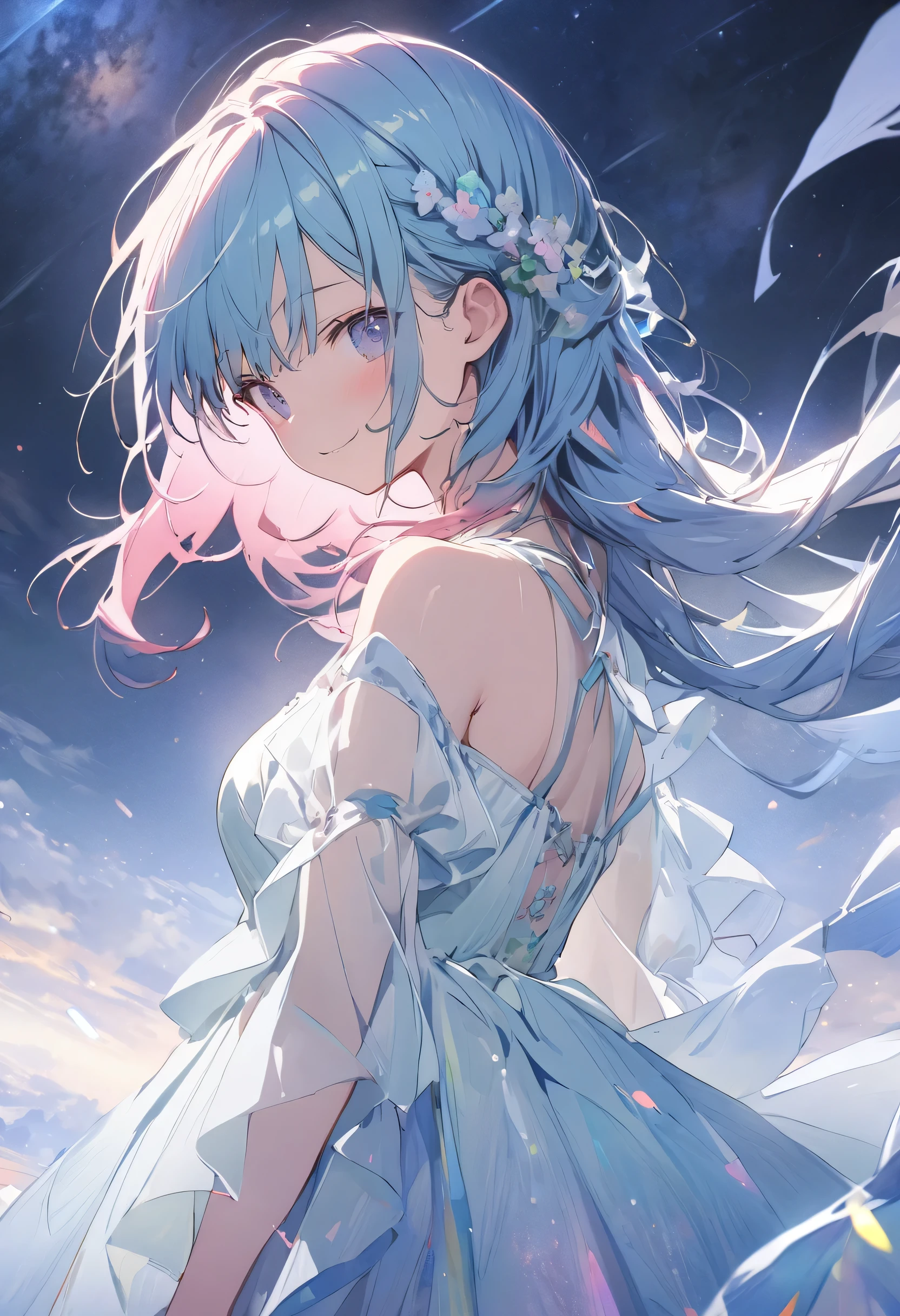 (fantastic illustration, beautiful detail, masterpiece, top quality, best quality:1.3), watercolor, beautiful detail, (cute girl silhouette is transparent of the starry sky, night sky:1.5), tangle, clear, beautiful scenery, (beautiful transparency at dress, double exposure at dress:1.3)