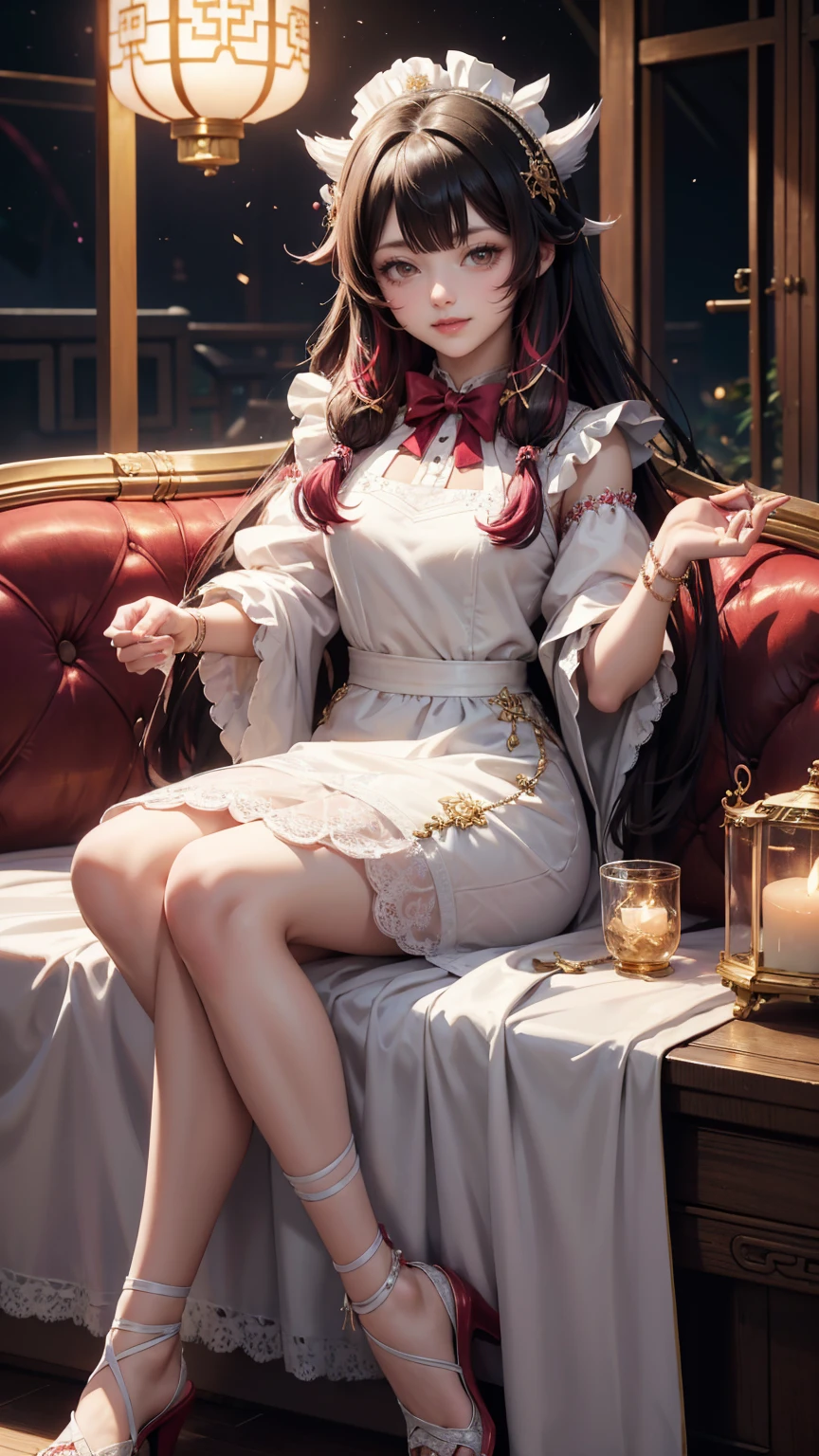 Columbina_(genshin impact), white roses, ornament hair, roses on her hair, maid, maid dress, maid headdress, maid apron, black hair, pink hair, long hair, seat on a sofa, chinese home style, Chinese maid dress, gold lantern, white dress, more details on her clothes, golden details, night, smiling, coat,