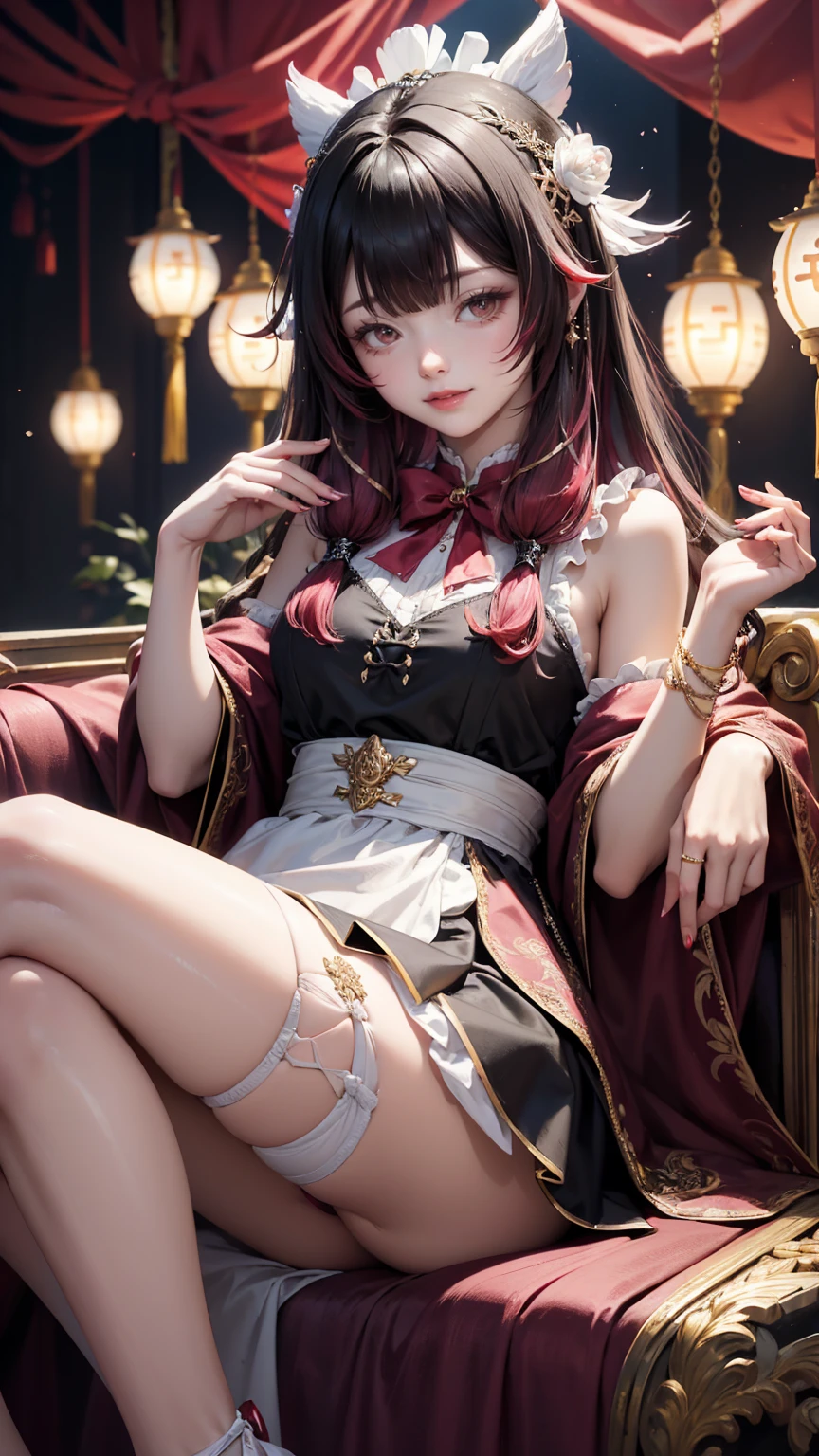 Columbina_(genshin impact), white roses, ornament hair, roses on her hair, maid, maid dress, maid headdress, maid apron, black hair, pink hair, long hair, seat on a sofa, chinese home style, Chinese maid dress, gold lantern, white dress, more details on her clothes, golden details, night, smiling, coat,