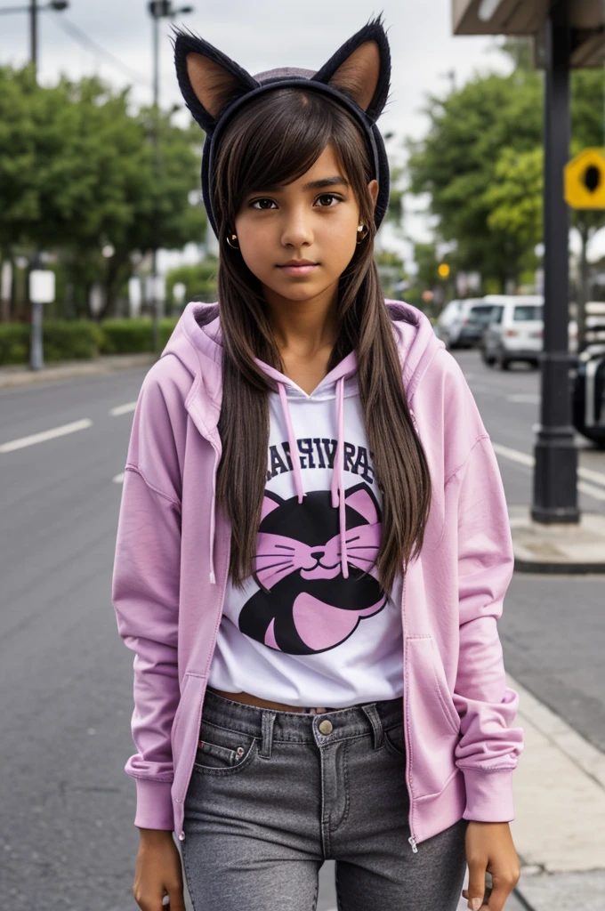 Luz is a 14-year-old girl with tan skin, short, dark brown hair, and hazel-brown eyes. Her clothing consists of a pair of black earrings, a white-and-violet shirt-sleeved hoodie that had cat ears with pink insides attached to the hood, greenish-gray jean-shorts, dark gray leggings, and a pair of white slip-on shoes.