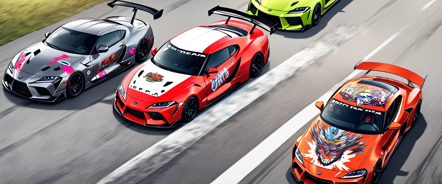 Two sports cars、race、Dead Heat、TOYOTA SUPRA、nissan GTR、((The hood has an anime girl printed on it))、((Car wrapping))、Itasha、drift、battle、Dead Heat、Winding Road、Speed