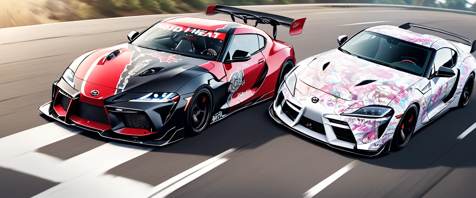 Two sports cars、race、Dead Heat、TOYOTA SUPRA、nissan GTR、((The hood has an anime girl printed on it))、((Car wrapping))、Itasha、drift、battle、Dead Heat、Winding Road、Speed