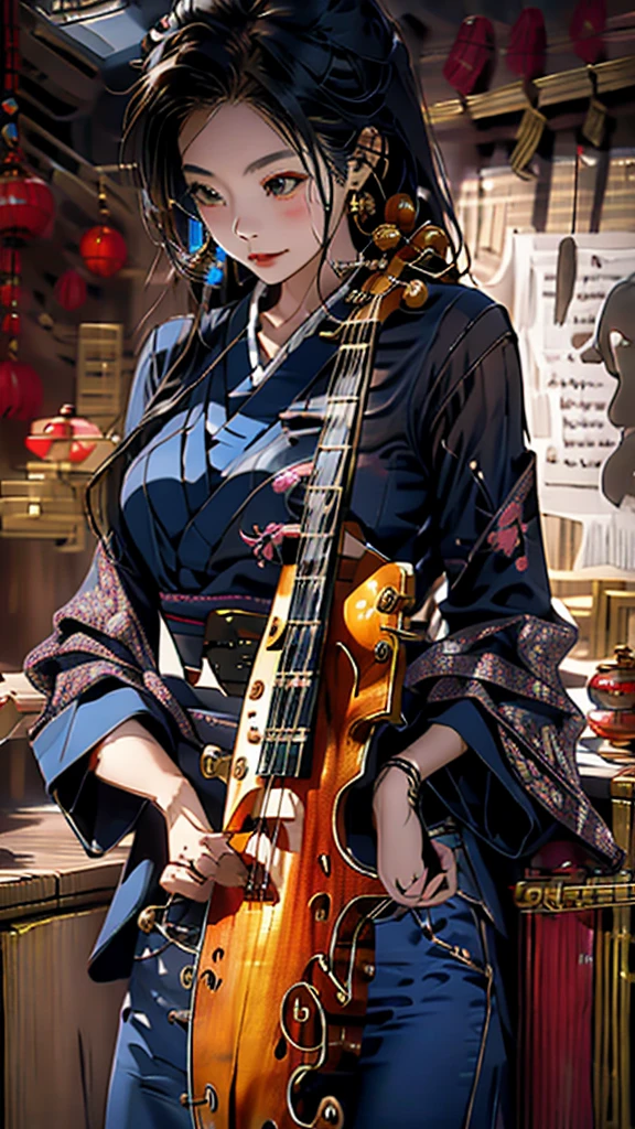 “Show Benzaiten, the Japanese goddess of music, knowledge, and the arts, playing a biwa (traditional Japanese lute).”