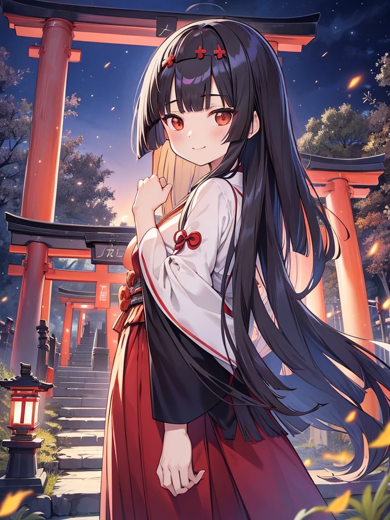 masutepiece, ultra-detailliert, best quality, at night, little smile, a lot of fireflies, Shrine maiden, shrine, Deep woods, Stone torii gate, Black Hair, long hair, (Blunt Bangs:1.6), 