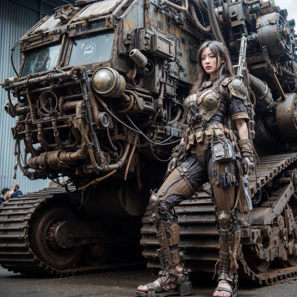 Dystopian night scene, hydraulic cylinders, very intricate details, Japanese woman in skeleton-like armor, beautiful face, legs, poses in motion, super realism, realistic photography, taken with Fuji film X-T30+Nokton. HDR10