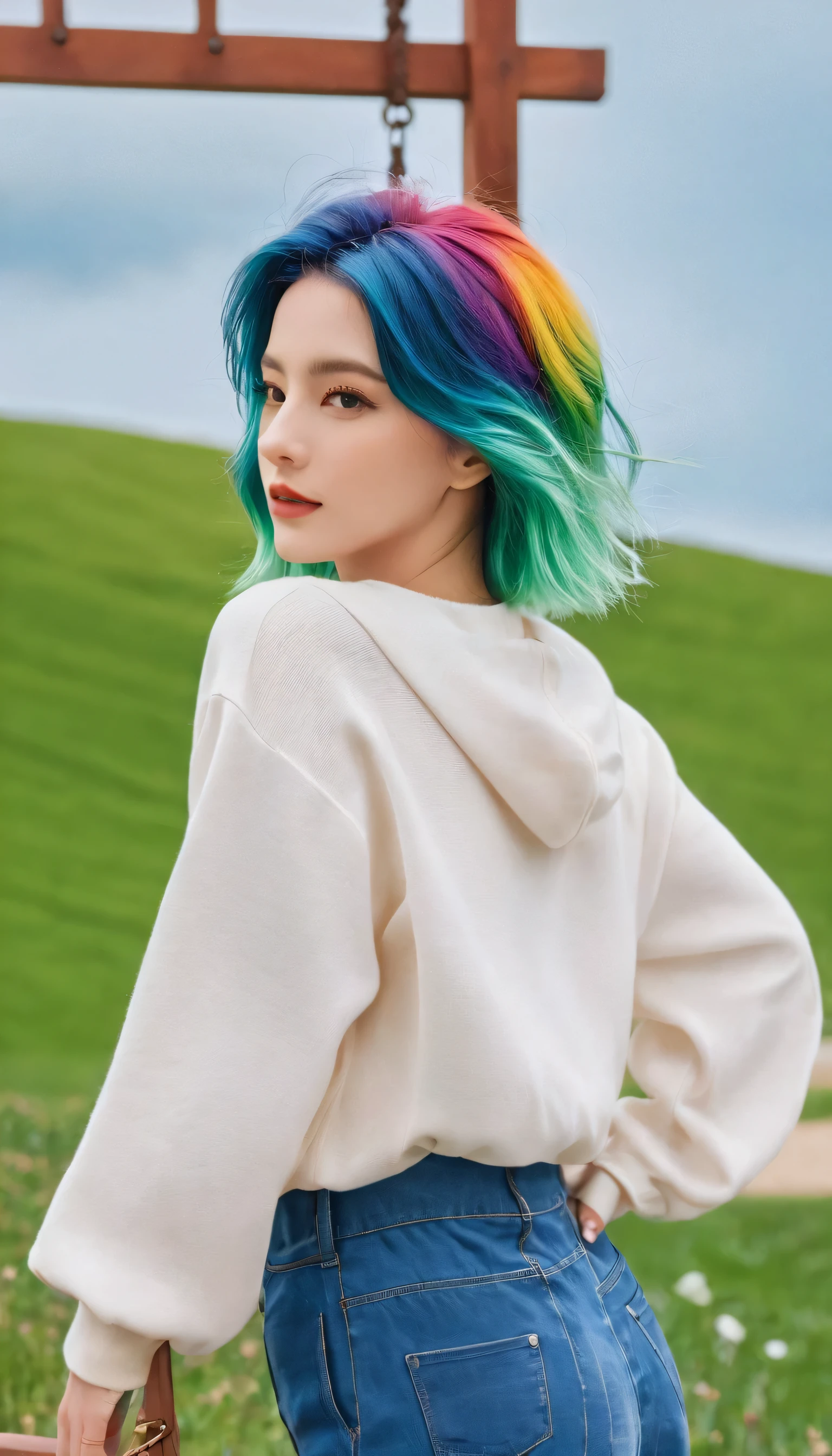 masterpiece, best quality, spring outfit, colorful hair,  outdoor,cloud ,upper body,